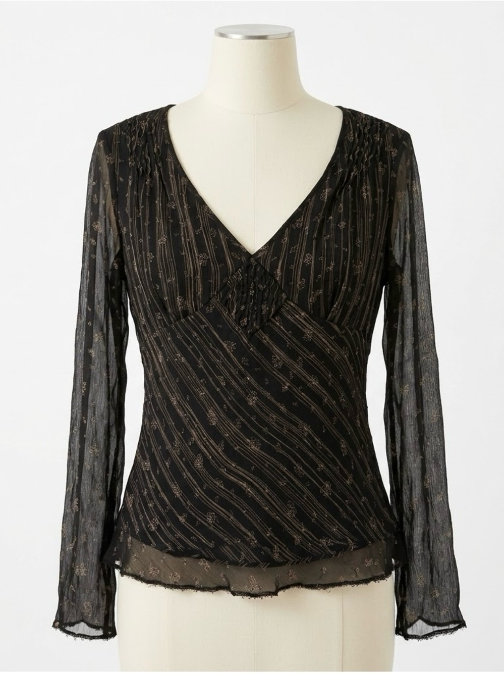 ECI New York Black Silk Semi Sheer Babydoll Blouse Sz 12 Whimsigoth Fairy Grunge